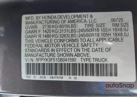 2025 Honda Ridgeline Rtl z USA, uszkodzony, nr VIN 5FPYK3F51SB041590